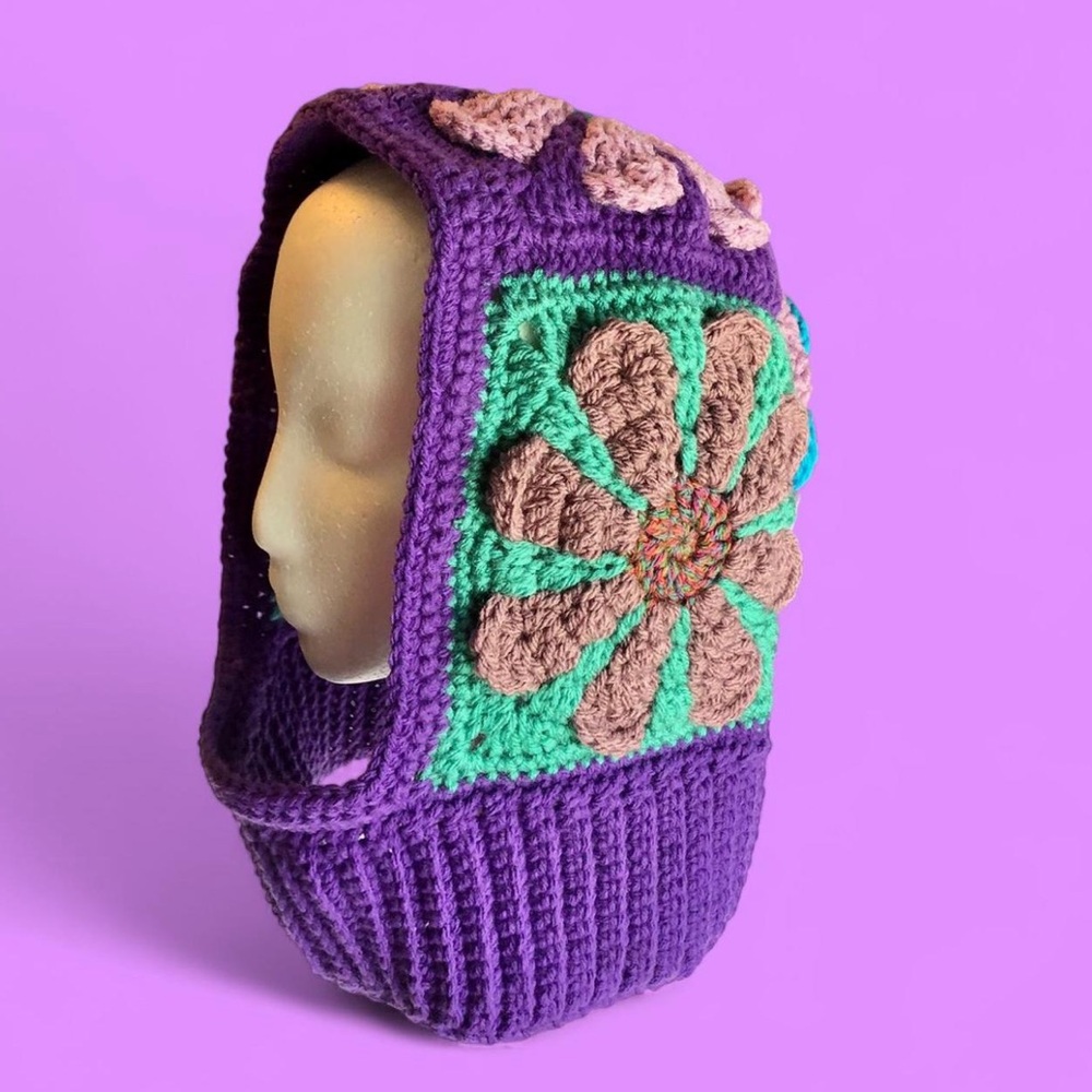 crochet purple and blue flower granny square oversized balaclava HANDMADE